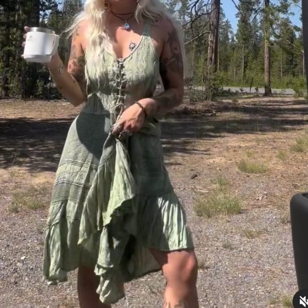 NWT - Olive Green Boho Dress with Dual Straps and Embroidery